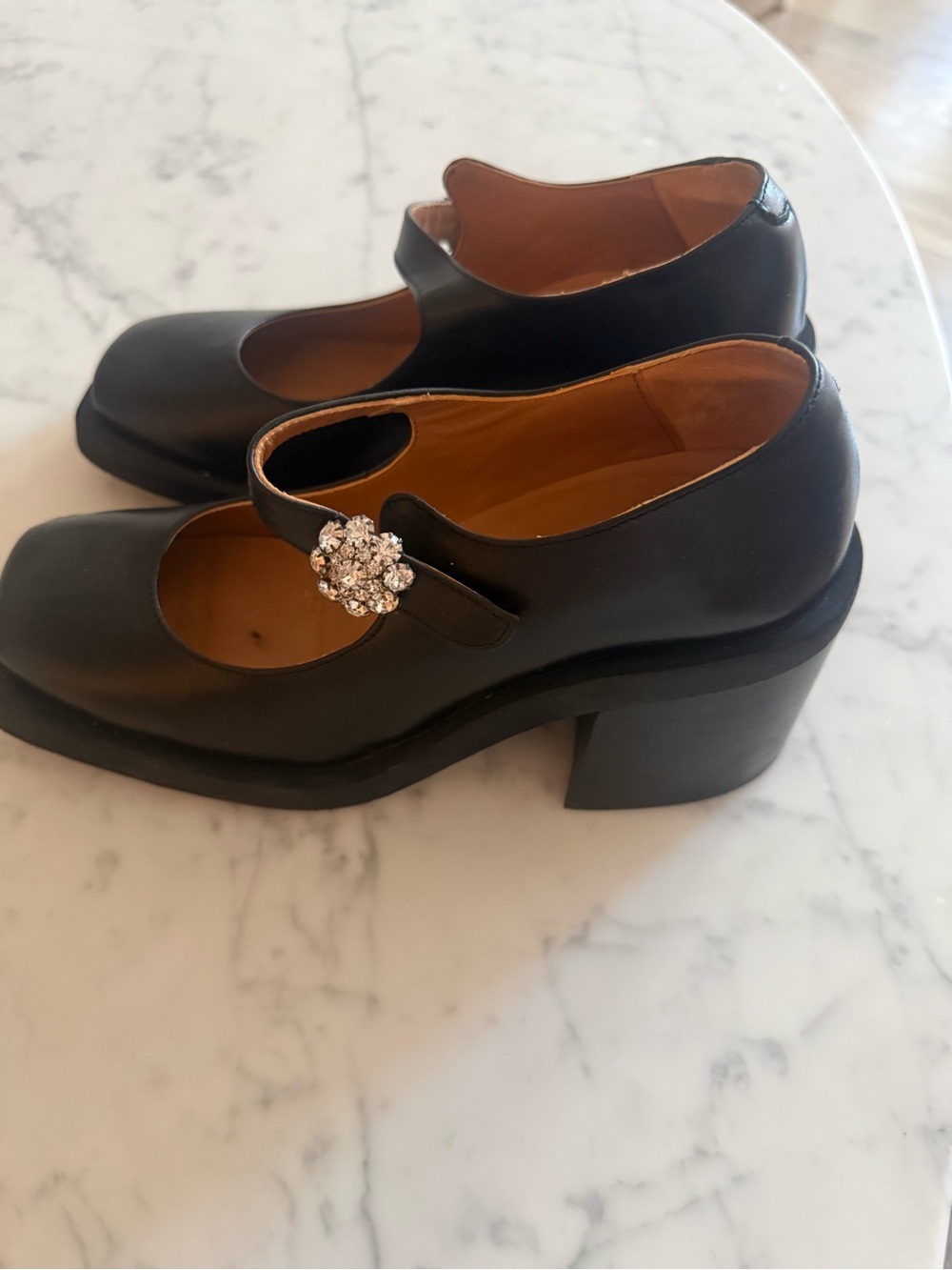 Ganni Black Leather Mary Jane Heels with Crystal Buckle - Picture 3 of 3